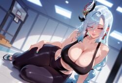 1girls ai_generated alternate_costume balecxi bangs bare_shoulders black_bra black_clothes black_legwear black_pants black_sports_bra blue_eyes blush bra braid braided_ponytail breasts clavicle cleavage clothing collarbone crop_top curvaceous curvaceous_female curvaceous_figure curvy curvy_figure earrings eyes_visible_through_hair female female_focus female_only footwear genshin_impact gym gym_clothes gym_uniform hair_ornament hair_over_one_eye hoyoverse huge_breasts indoors inviting inviting_to_sex jewelry large_breasts legwear lips long_hair looking_at_viewer makeup midriff mole nail_polish navel pants pantyhose parted_lips ponytail presenting presenting_breasts presenting_self seductive seductive_look seductive_smile shenhe_(genshin_impact) shirt shoes single_braid sitting smile sneakers solo sports_bra stomach sweat tassel tassel_earrings thick_thighs thighs tight underwear very_long_hair voluptuous voluptuous_female white_hair window yoga_pants