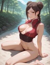 1girls ai_generated arm_support ass big_ass blush bottomless braid braided_ponytail breasts center_opening china_dress chinese_clothes curvaceous curvy curvy_figure female female_focus kneeling long_hair looking_at_viewer may_rain medium_breasts naruto naruto:_the_last naruto_(series) no_panties outdoors pubic_hair seiza smile swept_bangs tenten tied_hair