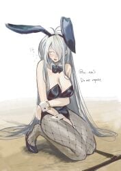 arm_under_breasts big_breasts bowtie bunny_ears bunnysuit cleavage detached_collar embarrassed fangs female female_only fishnets full_body gegege_no_kitarou genderswap_(mtf) ghost_girl half-closed_eyes high_heels kitarou_tanjou_gegege_no_nazo kneeling long_hair medama_oyaji_(human) mi_am5 pale-skinned_female pale_skin playboy_bunny rule_63 shy solo sweatdrop very_long_hair white_hair wrist_cuffs
