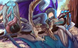 animal_genitalia black_body black_claws black_horn black_knot black_scales blue_body blue_cum blue_membrane blue_scales bodily_fluids claws colored_cum cum cum_in_pussy cum_inside deinonychus dinosaur double_penetration dragon dromaeosaurid erection feathered_dinosaur feathered_scalie feathers female feral genital_fluids genital_slit genitals group hi_res hollyvardia hollyvardia_(character) horn knot male male/female male/male membrane_(anatomy) membranous_wings mythological_creature mythological_scalie mythology penetration penis pink_knot pink_penis prehistoric_species purple_membrane reptile scales scalie stomach_bulge theropod trio unusual_bodily_fluids unusual_cum unusual_genital_fluids vaginal_penetration vaginal_penetration white_body white_scales wings