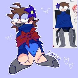 artist_signature blue_sweater bondage crying_with_eyes_open cuntboy cuntboy_only dave_(moldygh) dave_and_bambi_mod flower_in_hair gag intersex panties prothestics questionable red_ribbon reference_image self_upload tape_gag tied_up uncomfortable