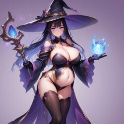 ai_generated black_hair curvy_figure female long_hair purple_eyes witch witch_hat