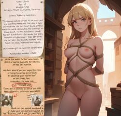 ai_generated anime blue_eyes bondage bondage bounty_hunters cute edited fantasy female fictional market naked nude photoshop roleplay ropes slave slavegirl slavery small_boobs small_breastsblonde_hair small_tits teen waifu
