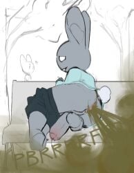 ambiguous_gender anthro anus ass background_character balls bench black_bottomwear black_clothing black_shorts blue_clothing blue_shirt blue_topwear bodily_fluids bottomwear bottomwear_down clothed clothing dripping duo eyebrows fart fart_cloud fart_fetish fur genital_fluids genitals grey_body grey_fur grey_inner_ear_fluff hi_res inner_ear_fluff lagomorph leporid long_sleeve_shirt looking_at_another lying male mammal narrowed_eyes on_side outside park_bench partially_clothed penis plant precum precum_drip public public_exposure rabbit raised_eyebrow scut_tail shirt short_tail shorts shorts_down simple_background smile sound_effects tail teeth text tiosqr topwear tree tuft