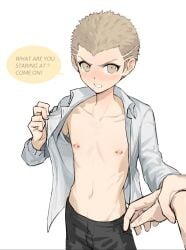 blush casssstle12 danganronpa danganronpa_2:_goodbye_despair fuyuhiko_kuzuryuu grabbing_wrists male male_focus male_only nipple_piercing nipples open_shirt pierced_nipples shirt_open taking_clothes_off taking_off_shirt taking_shirt_off undressing