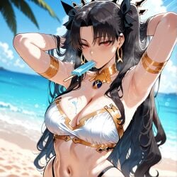 1girls ai_generated armlet armpits arms_behind_head arms_up bangs bare_shoulders beach bikini black_hair black_ribbon black_swimsuit blue_sky blush breasts clavicle cleavage clothing cloud curvaceous curvaceous_female curvaceous_figure curvy curvy_figure day detached_collar dripping earrings exhibitionism fate/grand_order fate_(series) female female female_focus female_only food food_in_mouth food_on_breasts gold_trim hair_ornament hair_ribbon halterneck highleg_bikini hoop_earrings inviting inviting_to_sex ishtar_(fate) jewelry large_breasts long_hair looking_at_viewer medium_breasts mismatched_bikini miyuai mouth_hold navel neck_ring ocean outdoors outside palm_leaf palm_tree parted_bangs popsicle popsicle_in_mouth presenting presenting_breasts presenting_self red_eyes ribbon sand seductive seductive_look seductive_smile sidelocks skindentation sky smile solo stomach strapless strapless_bikini sweat swimsuit thighs tiara tree twintails two_side_up upper_body voluptuous voluptuous_female water wet white_bikini white_swimsuit