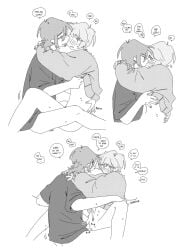 2boys ahoge arms_around_neck arms_around_partner artist_name asking_for_it balls barely_visible_balls begging between_legs blush cardigan dialogue english_text erection eyebrows_visible_through_hair functionally_nude greyscale half-closed_eyes hand_on_another's_leg hand_on_another's_shoulder hand_on_another's_stomach highres imminent_anal imminent_penetration imminent_sex juliegg kouta_(juliegg) leg_grab looking_at_another looking_at_partner looking_down looking_pleasured lube lube_drip lube_in_ass mischievous_smile mole mole_on_arm mole_under_eye monochrome partially_clothed penis precum precum_drip precum_on_penis pubic_hair pubic_hair_peek romantic romantic_couple rubbing_penis rui_(juliegg) shirt_lift shoulder_grab side_view sitting smile sound_effects speech_bubble spread_legs sweater teasing tied_hair trembling watermark white_background wholesome yaoi