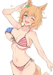 american_flag_bikini big_breasts bikini blonde_hair blue_eyes blush bouncing_breasts cleavage female female_only hair_ornament himuraanzu horse_ears horse_girl horse_tail kemonomimi looking_at_viewer loose_bikini ponytail salute smile solo star_hair_ornament taiki_shuttle_(umamusume) umamusume umamusume_pretty_derby wink