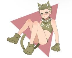 1boy blush brown_eyes brown_hair cat_ears cat_tail catboy clothed collar crop_top danganronpa danganronpa_2:_goodbye_despair embarrassed fuyuhiko_kuzuryuu kemonomimi_mode looking_away looking_to_the_side male male_focus male_only natto_rain shy simple_background solo solo_focus solo_male spiked_collar sweatdrop tail tank_top underwear very_short_hair