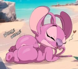1girls 2d angel_(lilo_and_stitch) antennae_(anatomy) ass big_ass big_butt bubble_ass bubble_butt disney experiment_(lilo_and_stitch) female full_color fur furry furry_female furry_only humanoid lilo_and_stitch looking_at_viewer no_penetration pink_fur pokachu_(artist) shortstack solo solo_female text