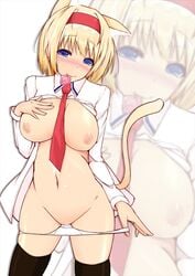 alice_margatroid animal_ears between_breasts black_legwear blonde_hair blue_eyes blush breasts cat_ears cat_tail condom condom_in_mouth condom_wrapper female hairband jajao large_breasts mouth_hold navel necktie necktie_between_breasts nipples panties panty_pull short_hair smile solo tail thighhighs touhou underwear white_panties zoom_layer