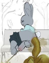 ambiguous_gender anthro anus ass background_character balls bench black_bottomwear black_clothing black_shorts blue_clothing blue_shirt blue_topwear bodily_fluids bottomwear bottomwear_down closed_eyes clothed clothing duo excessive_feces eyebrows fart fart_cloud feces feces_on_ground feces_pile fur genital_fluids genitals grey_body grey_fur grey_inner_ear_fluff hi_res hyper hyper_feces hyper_feces_pile inner_ear_fluff lagomorph leporid long_sleeve_shirt looking_at_another lying male mammal on_side outside park_bench partially_clothed peeing peeing_on_ground penis perineum plant pooping_on_floor public public_exposure rabbit raised_eyebrows scat scatplay scut_tail shirt short_tail shorts shorts_down simple_background sound_effects surprised_expression tail text tiosqr topwear tree tuft urine urine_on_ground urine_stream watersports wide_eyed