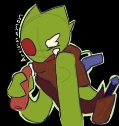 anthro arsinnamon black_background bodily_fluids cum cum_on_face duo female genital_fluids genitals green_body gun handjob hi_res humanoid knife knife_sheath kobold male male/female penile penis precum ranged_weapon red_eyes scalie sex simple_background simple_coloring simple_eyes smile toony weapon