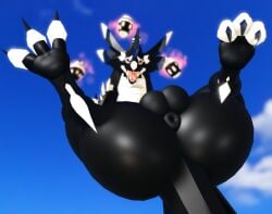3_toes 3d_(artwork) 4_ears anus aranga_(dragon_adventures) ass balls big_butt black_body black_fur claws digital_media_(artwork) dragon egg feet feral flying fur furred_dragon furred_scalie genitals glistening glistening_butt horn hybrid levitation looking_at_viewer male markings multi_ear multicolored_body mythological_creature mythological_scalie mythology open_mouth paws presenting puffy_anus red_eyes roblox scalie sky solo spikes spikes_(anatomy) tail teeth toes tongue white_body white_fur willie_piv wingless_dragon