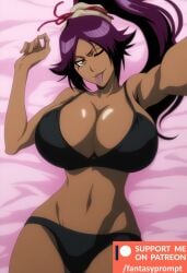 ai_generated black_bra black_underwear bleach bra breasts_bigger_than_head brown_eyes dark-skinned_female dark_skin fantasyprompt female female female_only from_above gigantic_breasts huge_breasts long_hair narrow_waist on_bed purple_hair selfie shihouin_yoruichi slim_waist thick_thighs tied_hair tight_fit tongue tongue_out underwear wide_hips wink winking_at_viewer