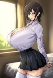 ai_generated bedroom black_skirt breasts_bigger_than_head breasts_squeezed_together brown_hair cleavage code_geass day fantasyprompt female female female_only genderswap_(mtf) gigantic_breasts hands_behind_back iwao178_(ai_style) leggings lelouch_lamperouge long_sleeves narrowed_eyes purple_eyes rule_63 school_uniform schoolgirl seductive_smile shirt short_hair short_skirt skirt slim_waist smile standing thick_thighs tight_clothing tight_fit white_shirt wide_hips