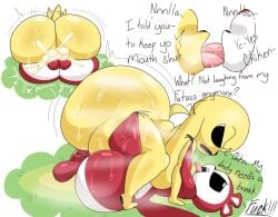 anal anal_sex anthro ass balls big_butt bodily_fluids canid canine canis chikn_nuggit chikn_nuggit_(chikn_nuggit) cum cum_in_ass cum_inside dialogue domestic_dog duo french_kissing genital_fluids genitals hawt_saus_(chikn_nuggit) japansadface kissing male male/male mammal penetration penis rodent sciurid simple_background thick_thighs tongue tongue_out tree_squirrel
