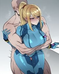 1boy 1girls ai_generated blonde_hair blue_eyes clothed_female_nude_male faceless_male female hug_from_behind male metroid ratatatat74_(ai_style) samus_aran thigh_sex zero_suit_samus