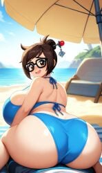 ai_generated beach bikini brown_eyes brown_hair fat_ass hair_ornament huge_breasts lap_sitting looking_back mei_(overwatch) overwatch sitting_on_lap surprised