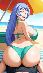 ai_generated beach bikini blue_eyes fat_ass hadou_nejire huge_breasts lap_sitting long_hair looking_back my_hero_academia nejire_hado purple_hair sitting_on_lap surprised