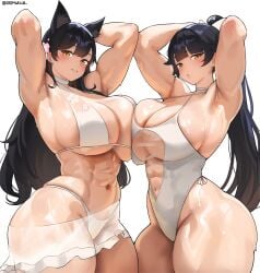 2girls abs animal_ears atago_(azur_lane) athletic athletic_female azur_lane big_breasts bikini black_body black_hair black_hair_female blush blushing breasts bubble_butt cromwellb female huge_breasts large_boobs light-skinned_female light_skin long_hair long_hair_female looking_at_viewer multiple_females multiple_girls muscular muscular_female ponytail takao_(azur_lane) thick_thighs thighs thunder_thighs toned toned_female top_heavy video_game_character voluptuous voluptuous_female white_background wide_hips yellow_eyes
