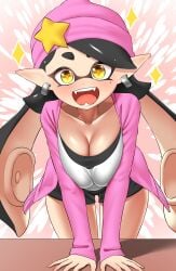 1girls agent_1_(splatoon) beanie breast_squeeze breasts callie_(splatoon) cleavage earrings female inkling inkling_girl large_breasts long_hair long_sleeves mole mole_under_eye nintendo nobunagapero open_mouth pink_beanie pointy_ears short_hair solo splatoon splatoon_2 splatoon_2:_octo_canyon tentacle_hair yellow_eyes