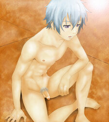 1boy abs breathing chest erection ledo_(suisei_no_gargantia) male male_only nude nude_filter open_mouth outdoors pant penis photoshop public purple_eyes silver_hair sitting solo suisei_no_gargantia tagme uncensored