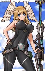 1girls angel_wings big_breasts blue_eyes brown_hair busty cleavage confident eunie_(xenoblade) female female_only hand_on_hip large_breasts legs looking_at_viewer oniisan02b short_hair smile solo thighs voluptuous weapon xenoblade_(series) xenoblade_chronicles_(series) xenoblade_chronicles_3