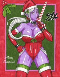 1girls big_breasts breasts busty candy christmas christmas_hat christmas_outfit clothed clothed_female clothing dark_elf elf female female_focus female_only hentai-ryukami_(fafnir_the_dragon) licking manacles manaworld purple_eyes purple_skin santa_costume santa_hat shadow_elf simple_background solo solo_female syx tagme white_hair