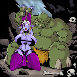 1boy 1girls arms_up bone bones breasts cave curvy dark_elf elbow_gloves elf elf_ears elf_female female green_skin huge_breasts imminent_rape kneeling loincloth male manaworld ogre open_mouth peril pointy_ears purple_skin shadow_elf silver_hair size_difference skull syx thick_thighs thighhighs white_hair