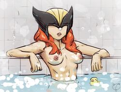 1girls bath bathing breasts closed_eyes dc dc_comics dcau eyes_closed female female_only hawkgirl justice_league justice_league_unlimited long_hair nipples nude orange_hair pink_nipples redhead rubber_duck shayera_hol solo tagme tourbillon water