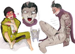 3boys black_hair danganronpa danganronpa_2:_goodbye_despair gay grey_eyes gundham_tanaka heterochromia human japanese_text kazuichi_souda light-skinned_male light_skin male male_only multiple_boys nidai_nekomaru nude open_clothes partially_clothed pubic_hair red_eyes scar short_hair simple_background sitting smooth_skin super_danganronpa_2 text translation_request white_background wound