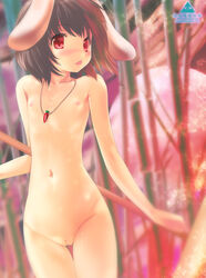 animal_ears bare_shoulders black_hair breasts bunny_ears carrot chestnut_mouth female female_only flat_chest highres jewelry looking_at_viewer namamo_nanase necklace nipples nude open_mouth pussy red_eyes short_hair solo tewi_inaba touhou uncensored