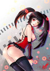 ass breasts brown_hair date_a_live detached_sleeves female heterochromia lace-trimmed_thighhighs lingerie looking_at_viewer nipples panties rayka sideboob smile solo thighhighs tied_hair tokisaki_kurumi twintails