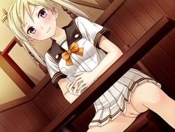 blonde_hair blue_eyes blush bow clothing game_cg hirasaka_yuuri honjou_masato long_hair love_lab no_panties nopan pussy seifuku skirt spread_legs twintails uncensored