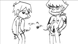 2boys 2d_(gorillaz) dick_measure duo gorillaz male male_only murdoc_niccals nude nudity penis upside_down_cross