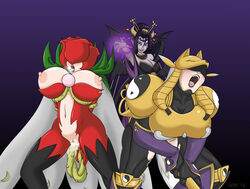 3girls black_hair breasts digimon digimon_(species) dripping female female_only large_breasts lilithmon masturbation multiple_girls open_mouth pussy pussy_juice quasi99 rosemon sakuyamon seven_great_demon_lords shaved_pussy smile succubus tongue_out vines