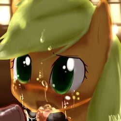 2013 applejack_(mlp) blonde_hair cum cum_in_mouth cum_on_face duo equine female feral friendship_is_magic fur green_eyes hair horse mokanyann my_little_pony orange_fur penis pony tongue tongue_out