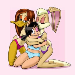 3girls anthro carelessdoodler duck female female_only fur furry kissing_head lola_bunny looney_tunes multiple_females petunia_pig pig rabbit straight_hair the_looney_tunes_show tina_russo yuri