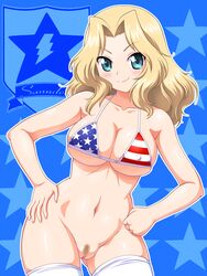 1girls alternate_version_available american_flag_bikini american_flag_bikini_top bikini bikini_top bottomless breasts female female_only girls_und_panzer kay_(girls_und_panzer) light-skinned_female light_skin nipple_bulge platinum_blonde_hair pubic_hair pussy solo tagme thighhighs