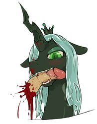 bleeding blood blood_stain changeling color crown fangs female friendship_is_magic front_view gore green_eyes horn looking_at_viewer male male_ryona mouth_hold my_little_pony penectomy penis penis_biting queen_chrysalis_(mlp) red_blood rigi severed_penis slit_pupils smooth_skin white_background