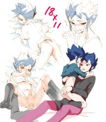 2boys age_difference blue_hair bodily_fluids cum cum_in_ass gay girly inazuma_eleven inazuma_eleven_go incest kyosuke_tsurugi orange_eyes simple_background tagme white_background yaoi yuuichi_tsurugi