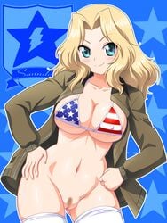 1girls alternate_version_available american_flag_bikini american_flag_bikini_top bikini bikini_top bottomless breasts female female_only girls_und_panzer kay_(girls_und_panzer) light-skinned_female light_skin nipple_bulge open_clothes platinum_blonde_hair pubic_hair pussy solo stockings tagme thighhighs