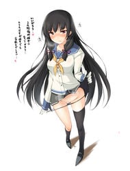 absurdres asymmetrical_legwear black_hair black_legwear breasts female gloves highres isokaze_(kantai_collection) kaminagi_(kaminagi-tei) kantai_collection long_hair panties panty_pull pussy_juice pussy_juice_trail red_eyes school_uniform serafuku skirt skirt_lift solo thighhighs translated underwear