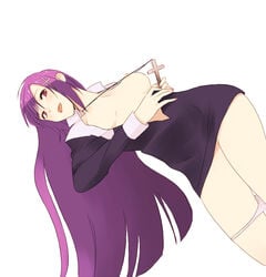 1girls clothing cross kannagi koutarou_(artist) long_hair medium_breasts no_bra nun open_clothes open_shirt panties panty_pull purple_hair shirt tagme underwear white_panties zange