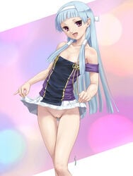 1girls bare_shoulders blue_hair blunt_bangs clothing female female_only flat_chest hair_tubes hairband kannagi long_hair nagi no_panties purple_eyes rasukaru rasukaru_(pixiv74058) skirt skirt_lift solo strap_slip uncensored