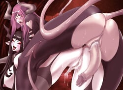 2girls artist_request black_hair blush breasts censored clitoris copyright_request demon_girl futanari horns huge_breasts huge_clitoris intravaginal_futanari mosaic_censoring multiple_girls open_mouth penis pussy pussy_juice red_hair sweat tail tongue