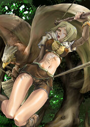 bird blonde_hair bondage crotch_rope crotch_rub cute eagle erect_nipples hujiya_honten hunter hunter_(ragnarok_online) knees_touching midriff navel open_mouth petite ragnarok_online shiny shiny_skin shorts small_waist sweatdrop thigh_gap thighs thomasz wink