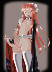 1futa balls cape censored cum cute_fang detached_sleeves diphallia diphallism erection fangs futanari futanari_vampire intersex legwear multi_penis penis red_hair solo_futa stockings testicles thighhighs vampire yozora