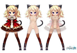 animal_ears blonde_hair breasts cat_(trickster) cat_ears cat_tail dress nipples nude nude_filter photoshop pubic_hair purple_eyes pussy see-through tail thighhighs trickster uncensored variations